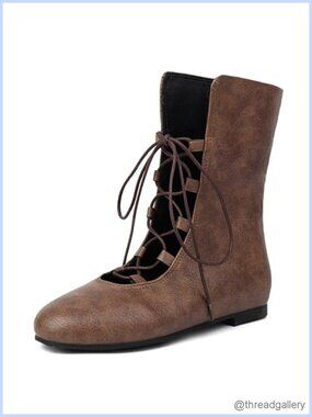 Vintage Lace Up Faux Leather Ankle Boots Flat Gothic Shoes